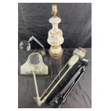Vintage glass lamp, tripod, adjustable magnifier