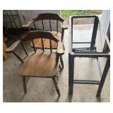 Metal equipment stand and pair of wooden chairs