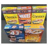 5 vintage NASCAR cereal boxes, 3 with die-cast