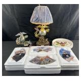 Group of USMC collectibles, lamp, figure, dish
