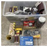 Collection of sanding supplies & plastic tote,