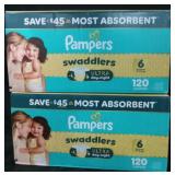 2 pampers swaddlers size 6  23-44lbs 120ct