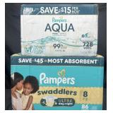 86 Pampers size 8 swaddlers & 728 Pampers Aqua