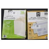 Manilla folders 150 count. Security envelopes 500