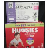 Huggies size 3 diapers 192 count. Baby wipes 1152