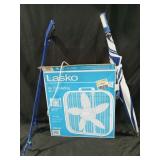 Lasko box fan not tested. Umbrella. 2 trash