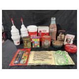 Group of vintage tins, pitcher, Dairy Queen cups
