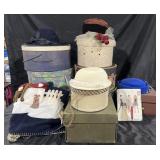 Group of vintage hat boxes, hats & Christmas