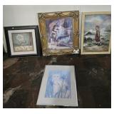 4 Framed Prints. Flower, dog and girl, cat and