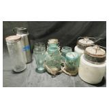 2 crocks. Elanco thermos. Vintage jars coke