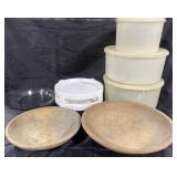 Group of antique wooden bowls, plastic