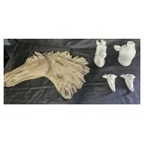 Wooden horse decor, ceramic horse and pig face