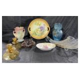 Group of decorated porcelain & glass, owl