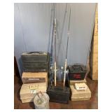 Fishing poles and minnow bucket with tackle b