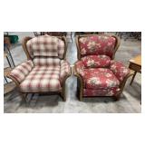 TWO WICKER ARMCHAIRS WITH A FLORAL & PLAID PATTERN