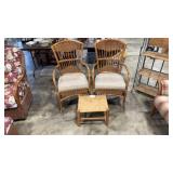 TWO MATCHING WICKER ARM CHAIRS WITH ONE FOOT STOOL