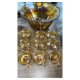 Large Carnival Glass Punch Bowl with 9 Cups