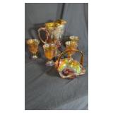 Carnival Glass Pitcher, 4 Tumblers & Glass Basket