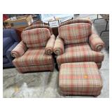 Plaid Upholstered Armchairs with Ottoman