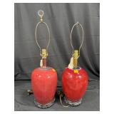 Red Ceramic Table Lamps on Ornate Bases