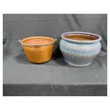 Copper Bucket and Ceramic Pottery Planter Pair