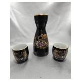 Black Ceramic Sake Set w/ Gilded Floral Accents