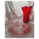 Glassware Lot w/ Pink Glass & Red Glass Vase