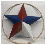 Red white and blue metal star with metal band