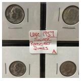 4 Silver uncirculated 1957 Roosevelt dimes