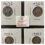 Silver dimes 1917 S, 1935S, 1939 S, 1944S