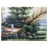 Painting on canvas of girl in flower garden
