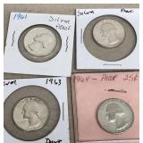 (4) Silver quarters 1961, 1963, 1963, 1964 proof
