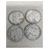 4-Silver Franklin half dollars 1951, 1950, 1963,