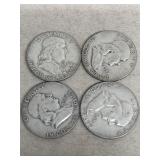 4 Silver Franklin half dollars 1952, 1954, 1961,
