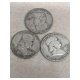 3- Silver Franklin half dollars 1952, 1962, 1951