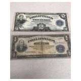 Philippines one and two peso  bills