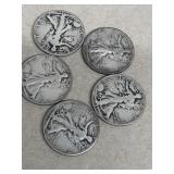 5 Silver walking liberty half dollars 1945, 1