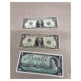 2- 1963 a one dollar bills and 1967 Canadian one