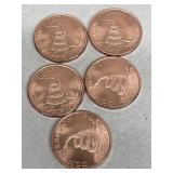 (5) 1 ounce copper rounds don