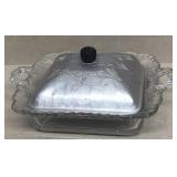 Glass dish with handle and fitted aluminum lid