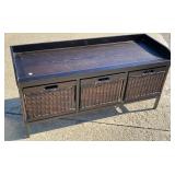 Wooden Bench w/3 wicker drawers
