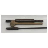 Wooden rolling pin, hammer, wooden fork