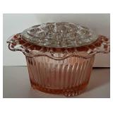 Pink Depression Glass With Clear Flower Frog