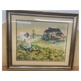 Painting of girl with flowers and field