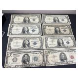 One Dollar Silver Certificates and 2 Old 5 Bills