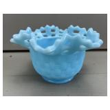 Fenton Blue Bsket Weave Ruffled Bowl
