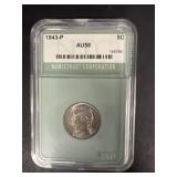 1943P silver nickel graded AU58