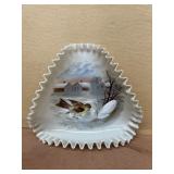 Hand painted ruffle dish of bird and snow
