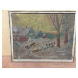 Painting of houses and horse drawn sled signed