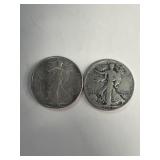 (2) walking liberty silver half dollars